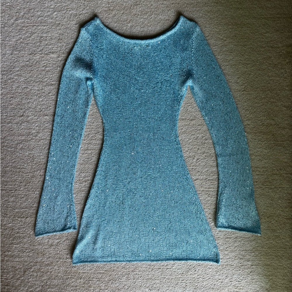 Asta Resort Mini Dress - Ice Blue Sequin Long Sleeve Size XS